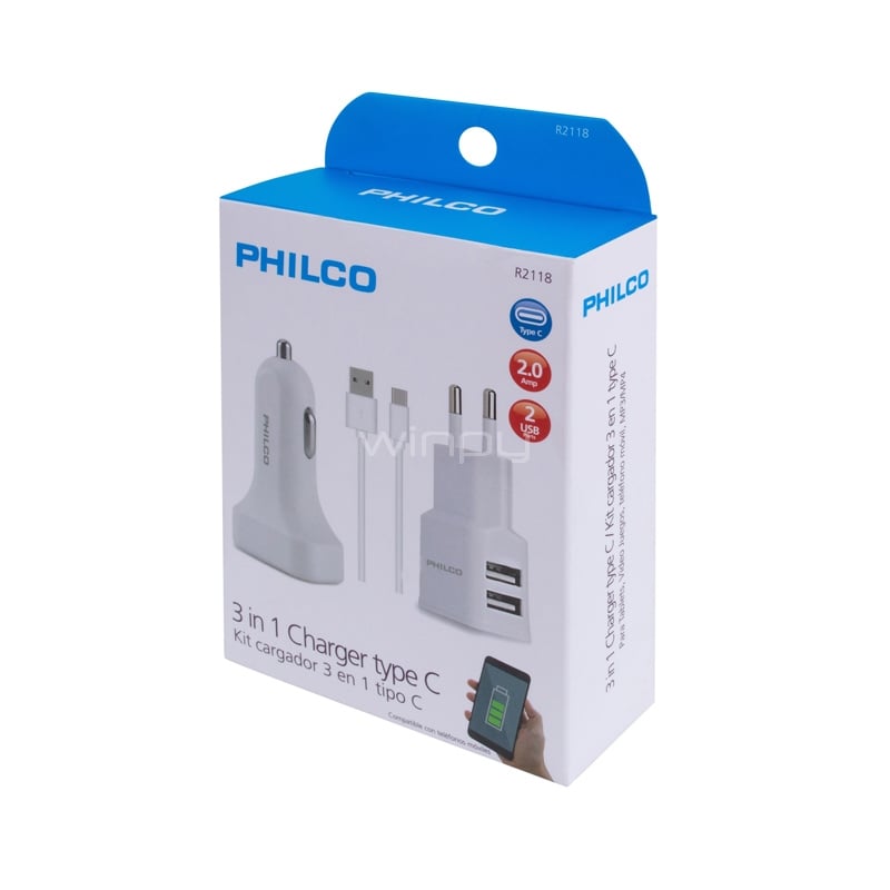 Kit Cargadores Philco con cable USB-C (para Auto, Carga Rápida)