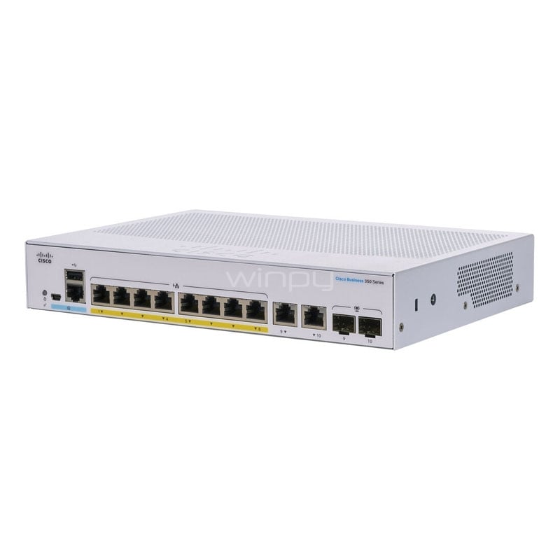 Switch Cisco CBS350-8P-E-2G de 8 Puertos (Gigabit, 20 Gbps, SFP/RJ45 Combo, PoE+, 60W)