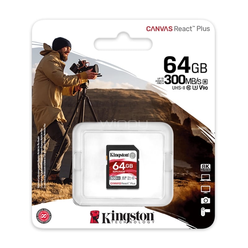 Tarjeta SD Kingston Canvas React Plus de 64GB (V90, UHS-II U3, Class10)