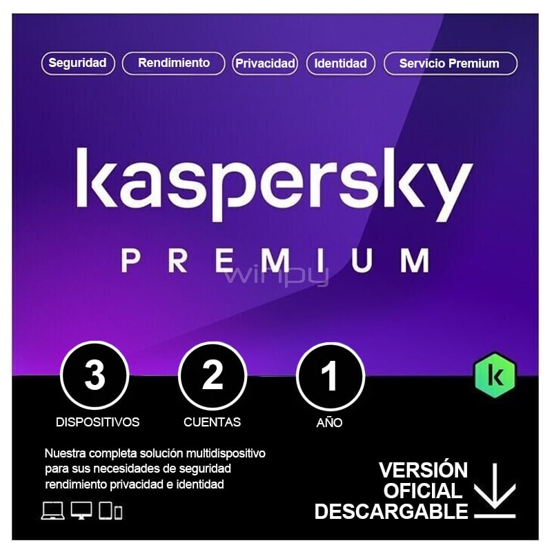 Licencia Antivirus Kaspersky Premium + Soporte (3 Dispositivos, 2 Cuentas, 1 año, Descargable)