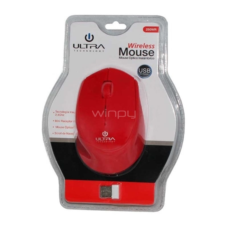 Mouse Inalámbrico Ultra 250WR (Dongle USB, Rojo)