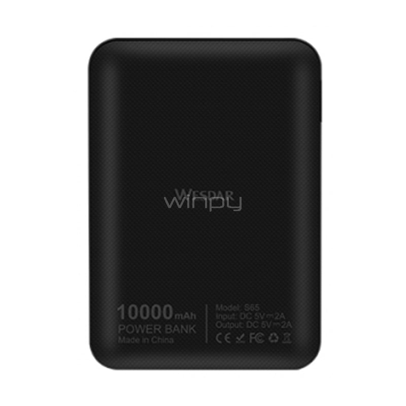 Batería Externa Wesdar Mini S65 de 10.000 mAh (USB-A x2, Negro)