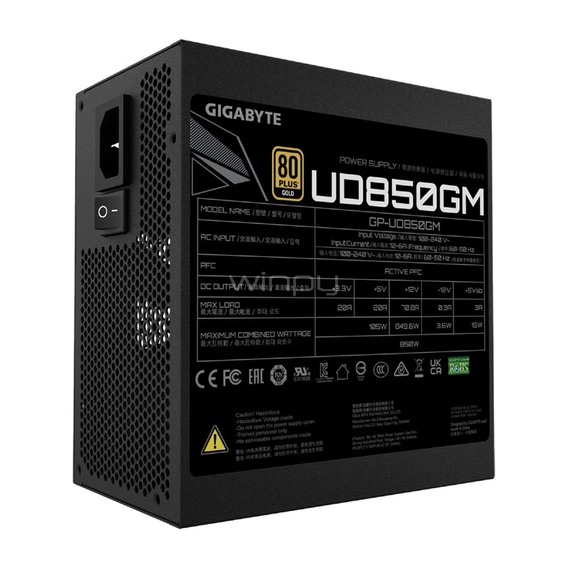 Fuente de Poder Gigabyte UD850GM de 850W (Full Modular, Certificada 80+ Gold, ATX)