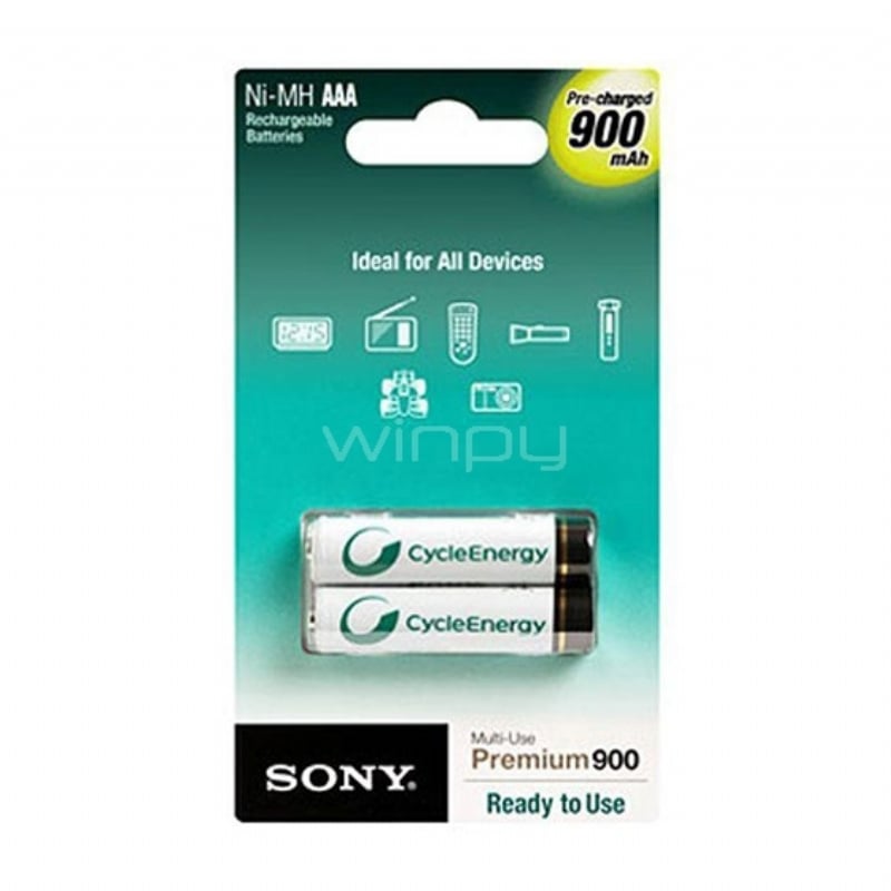 Pack de 2 pilas Ni-MH Sony recargables (AAA, 900mAh, Precargadas)