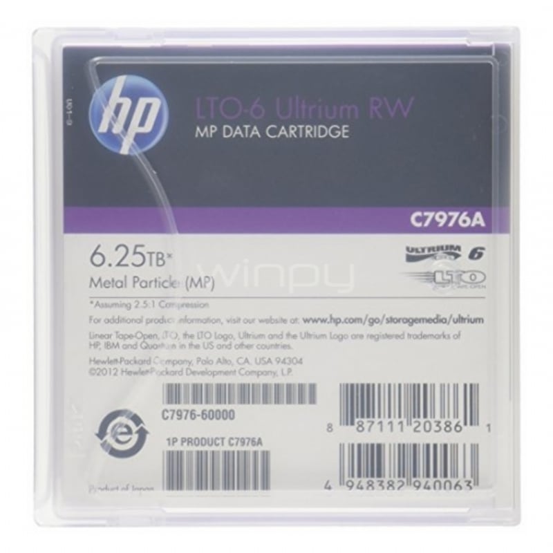 Cartucho de datos regrabable HP LTO-6 Ultrium de 2.5TB / 6.25TB
