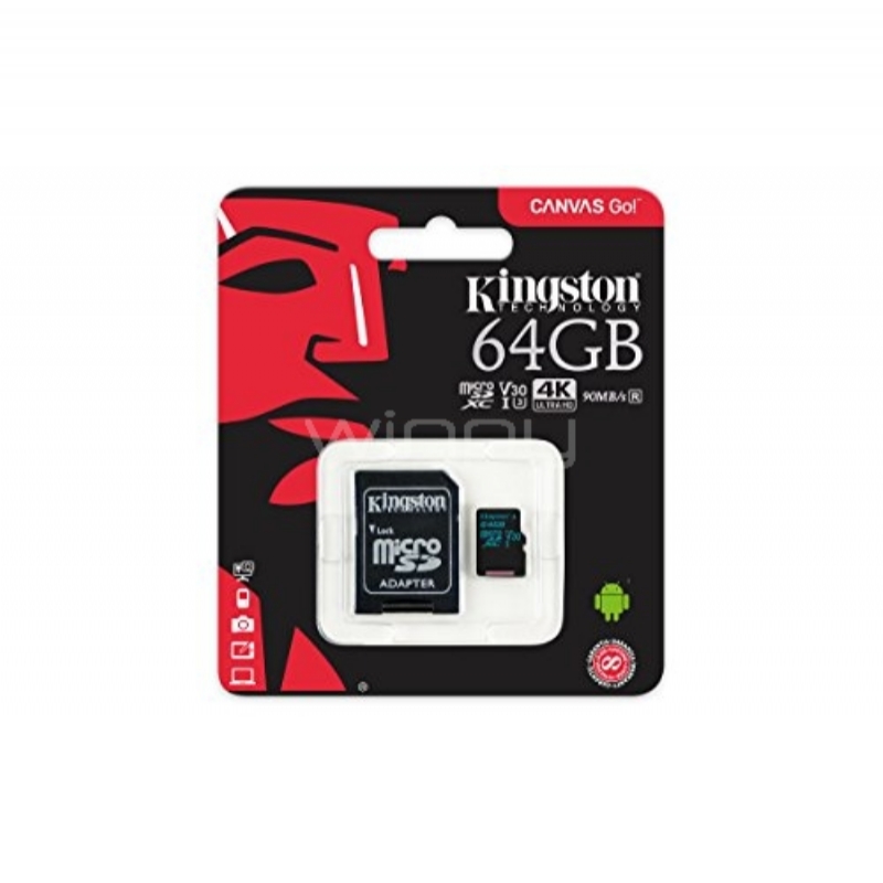 Tarjeta de memoria MicroSD Kingston Canvas Go! de 64GB (con Adaptador SD, UHS-I, Clase 10)