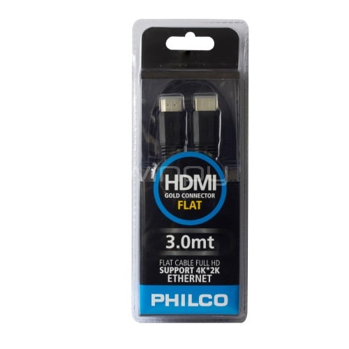 Cable HDMI Philco (Conector Dorado, Plano, 4K, 3 Metros, Negro)