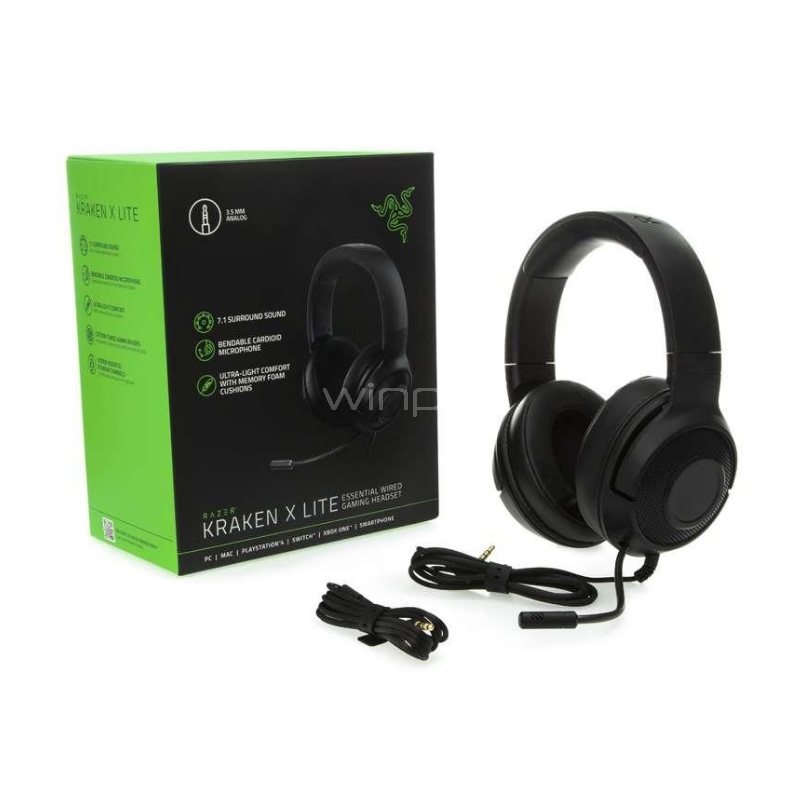 Audífonos Gamer Razer Kraken X Lite (Sonido 7.1, Micrófono, Jack 3.5mm, Negro)