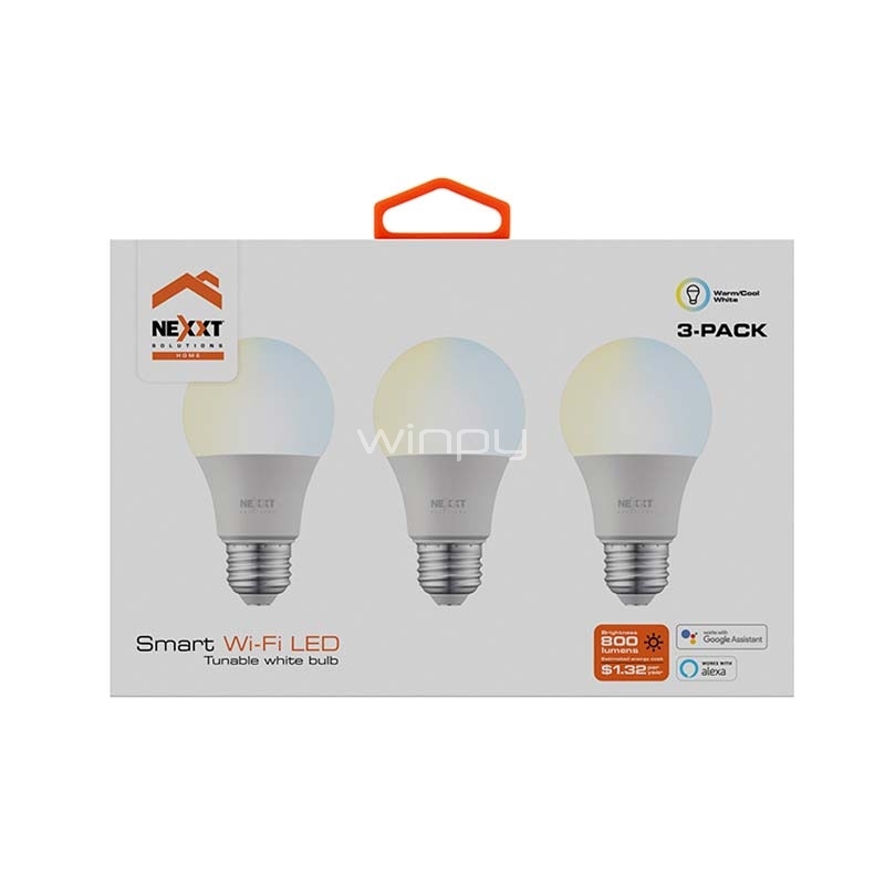 Kit de Bombillas LED inteligentes Nexxt (3 Unidades, Blanco Cálida, Wi-Fi, 220V)