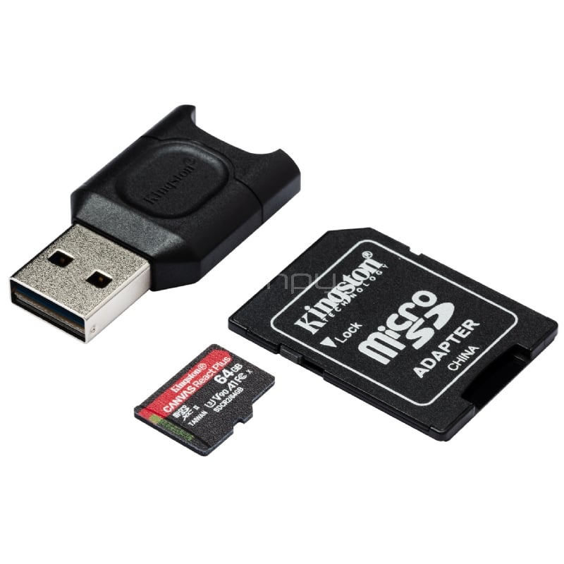 Memoria MicroSD Kingston Canvas React Plus de 64GB  (Incluye Adaptador USB + SD)