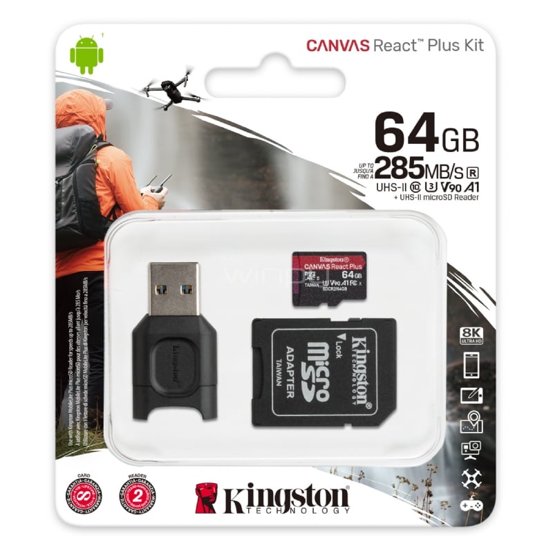 Memoria MicroSD Kingston Canvas React Plus de 64GB  (Incluye Adaptador USB + SD)