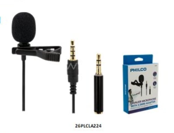 Micrófono de solapa Philco estéreo con Adaptador Auxiliar y Clip para sujetar (Jack 3.5mm, iPhone/Android, Negro)