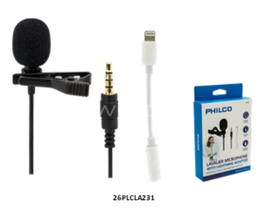 Micrófono de solapa Philco estéreo con Adaptador para iPhone y Clip para sujetar (Jack 3.5mm + Lightning, iPhone/Android, Negro)