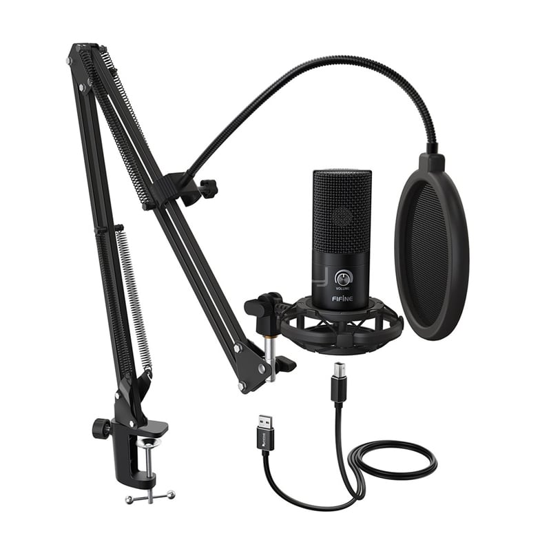Kit Microfono Condensador FIFINE T669 para Streamer (Soporte + Filtro Pop, USB, Negro)