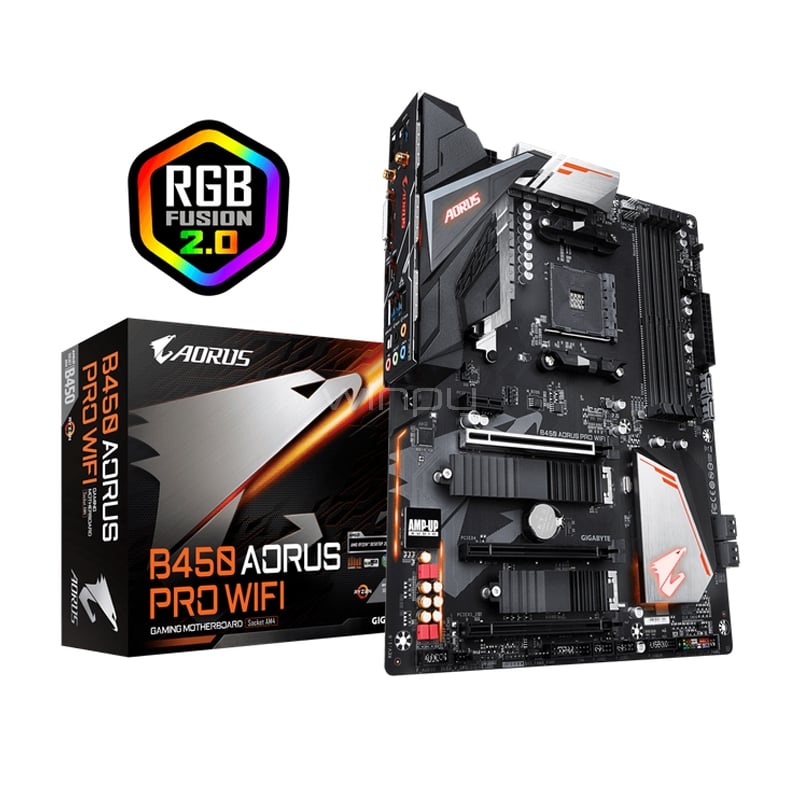 Placa Madre Gigabyte B450 AORUS PRO WIFI (AM4, DDR4 2133/3600MHz, M.2 x2, RGB, ATX)