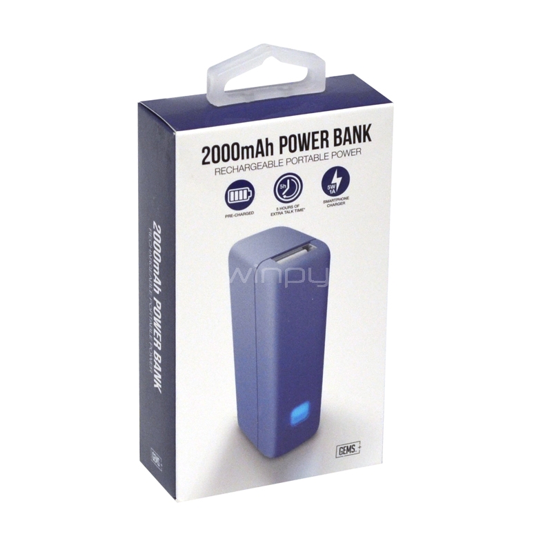 Batería Portátil Externa Gems de 2000mAh (USB-A/Micro USB, Azul)