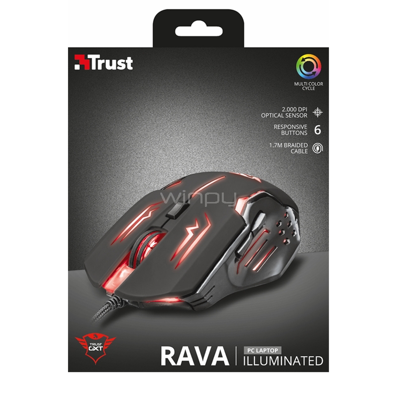 Mouse Gamer Trust GXT 108 Rava (2.000dpi, Led Multicolor, Negro)