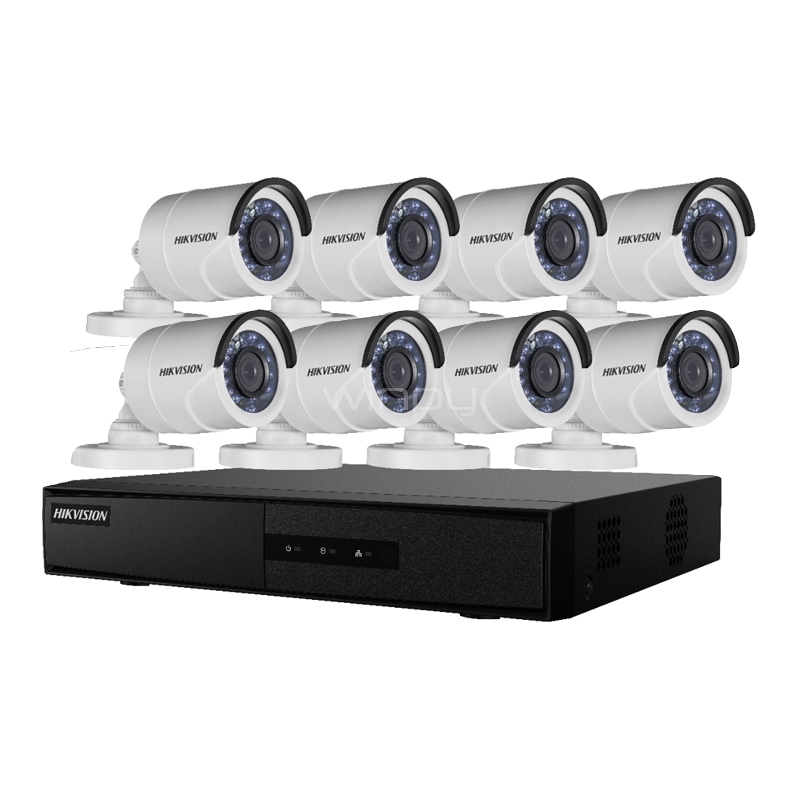 Kit de Seguridad Hikvision NVR + 8 Cámaras (Bullet 720p/1080p lite, IP66, IR, Disco 1TB, Incluye Cables)