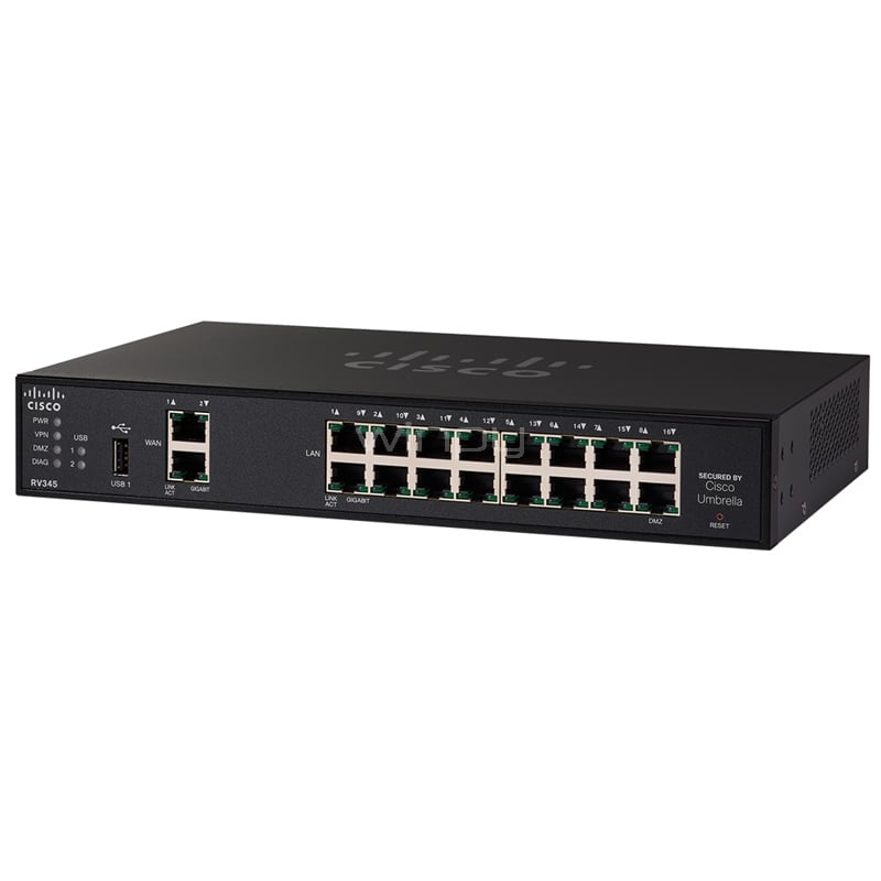 Router Cisco RV345 Dual WAN Ethernet (LAN x16, VPN flexible IPsec/L2TP, 650 Mbps, Negro)