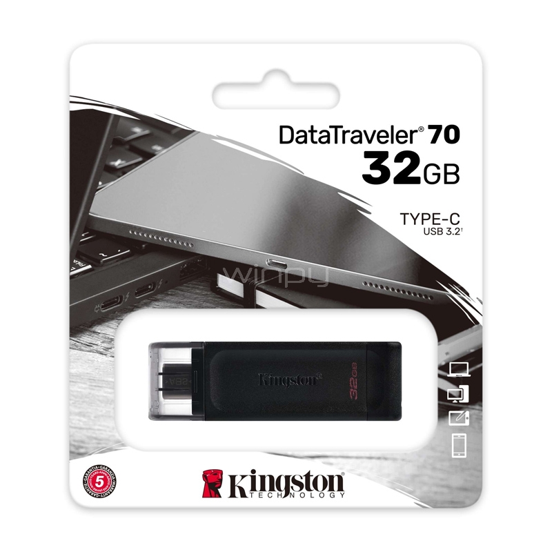 pendrive kingston datatraveler 70 de 32gb (unidad flash usb-c/ 3.2, negro)