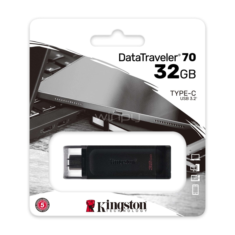 Pendrive Kingston DataTraveler 70 de 32GB (Unidad Flash USB-C/ 3.2, Negro)