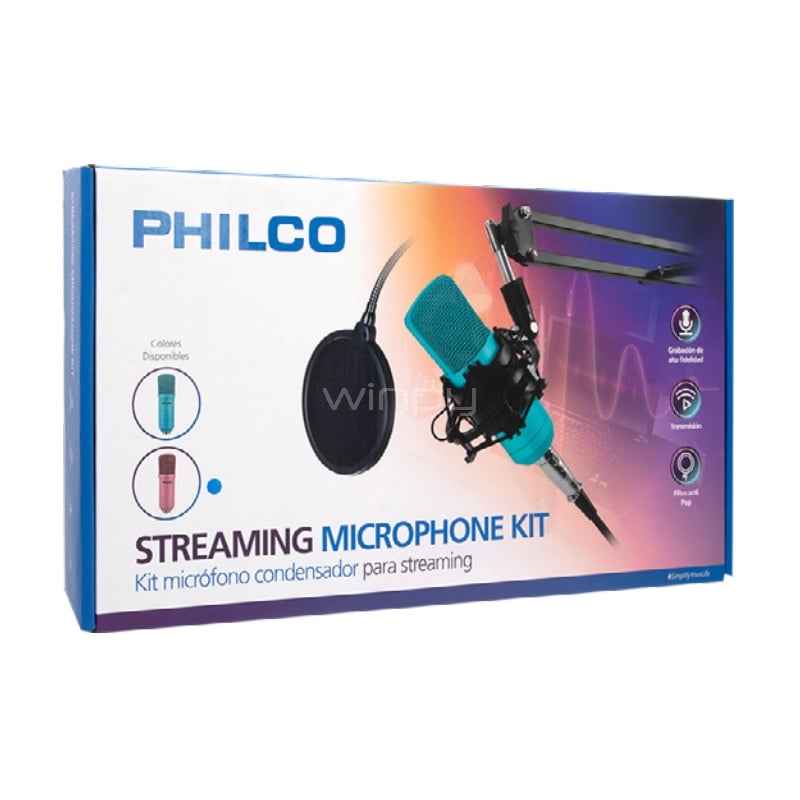 Kit Micrófono Philco Studio (con Soporte+Anti-Pop de 30Hz a 20KHz, Rosado)