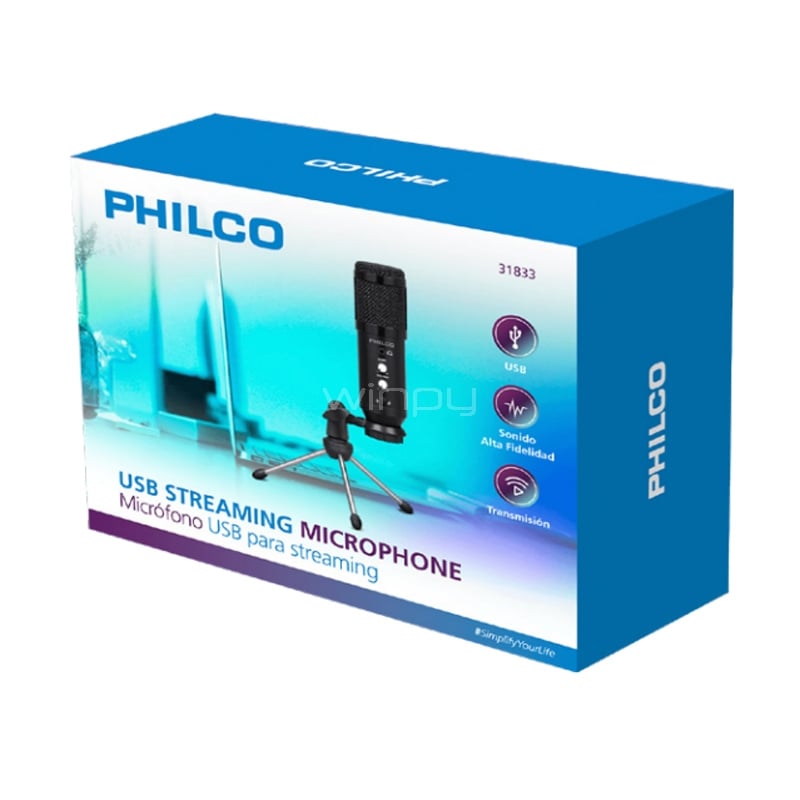 Micrófono Philco con Stand+Anti-POP (USB, Negro)