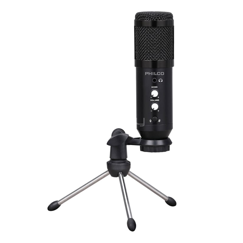 Micrófono Philco con Stand+Anti-POP (USB, Negro)