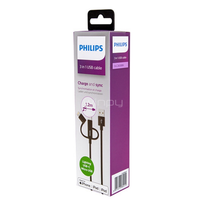 Cable Philips Lightning/USB-C/microUSB (1.2mts, Plateado)