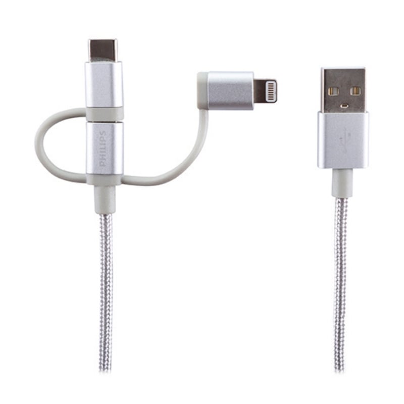 Cable Philips Lightning/USB-C/microUSB (1.2mts, Plateado)