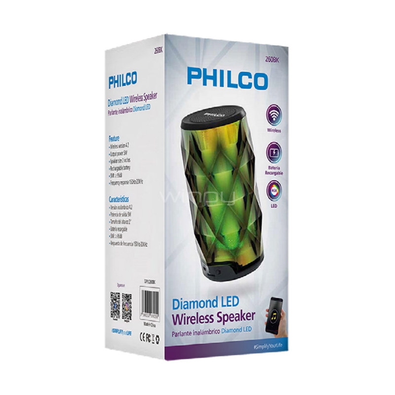 Parlante Portátil Philco 260BK Diamond LED (5W, Bluetooth)