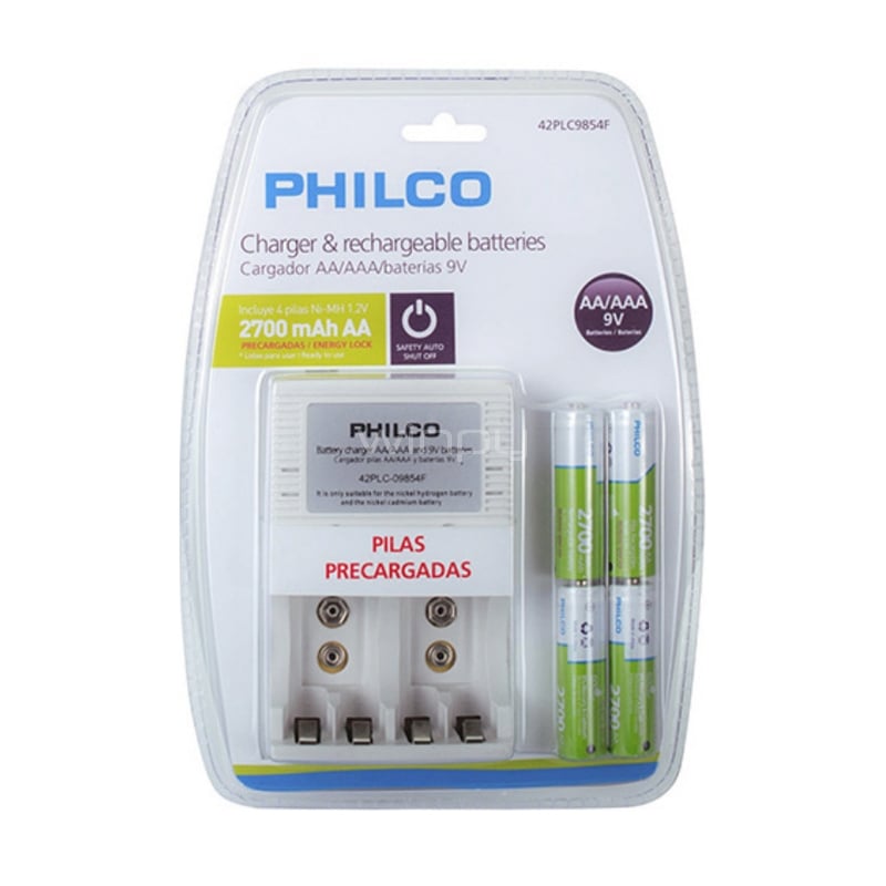 Cargador de Pilas Recargables Philco para AA/AAA/Baterías 9V (Incluye 4 Pilas AA de 2700mAh)