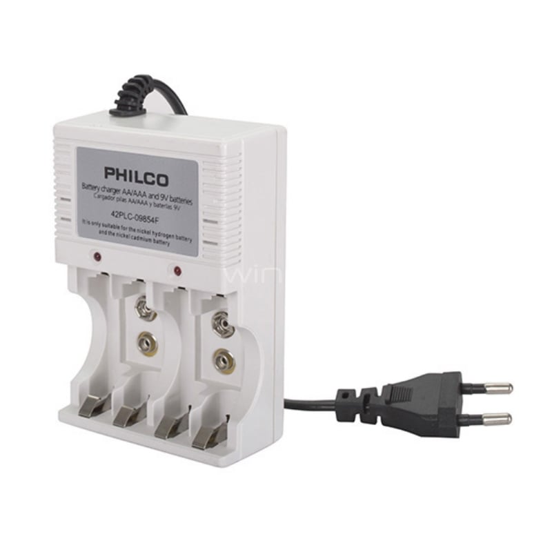 Cargador de Pilas Recargables Philco para AA/AAA/Baterías 9V (Incluye 4 Pilas AA de 2700mAh)