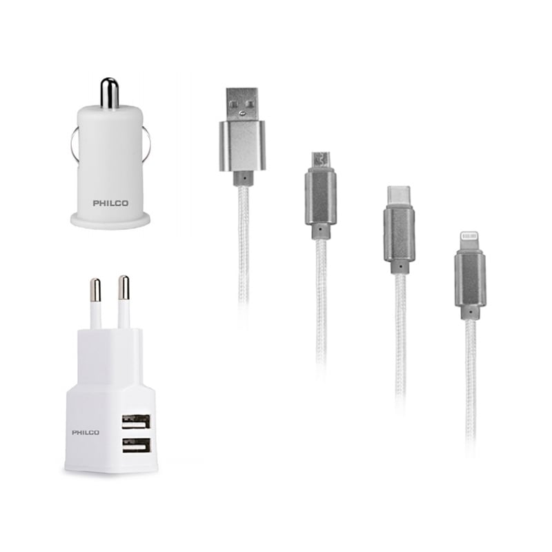 Kit Cargadores Philco con cable 3 en 1 (para Auto, Carga Rápida)