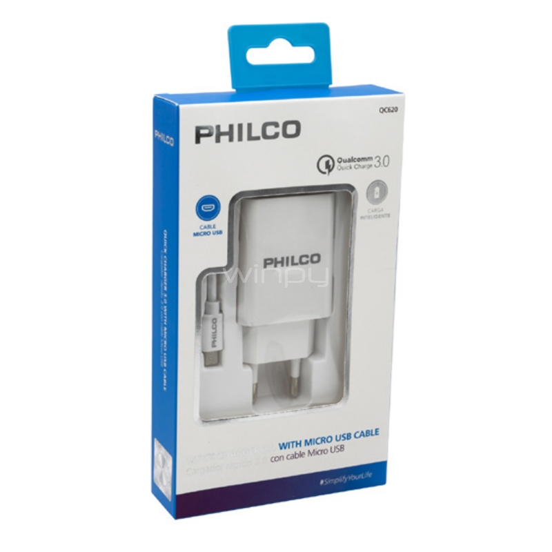 Cargador Philco QC620 con Cable microUSB (18W, 1.2mts, Qualcom 3.0, Blanco)