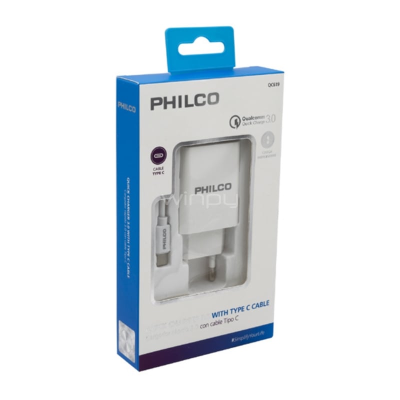 Cargador Philco QC619 con Cable USB-C (18W, 1.2mts, Qualcom 3.0, Blanco)