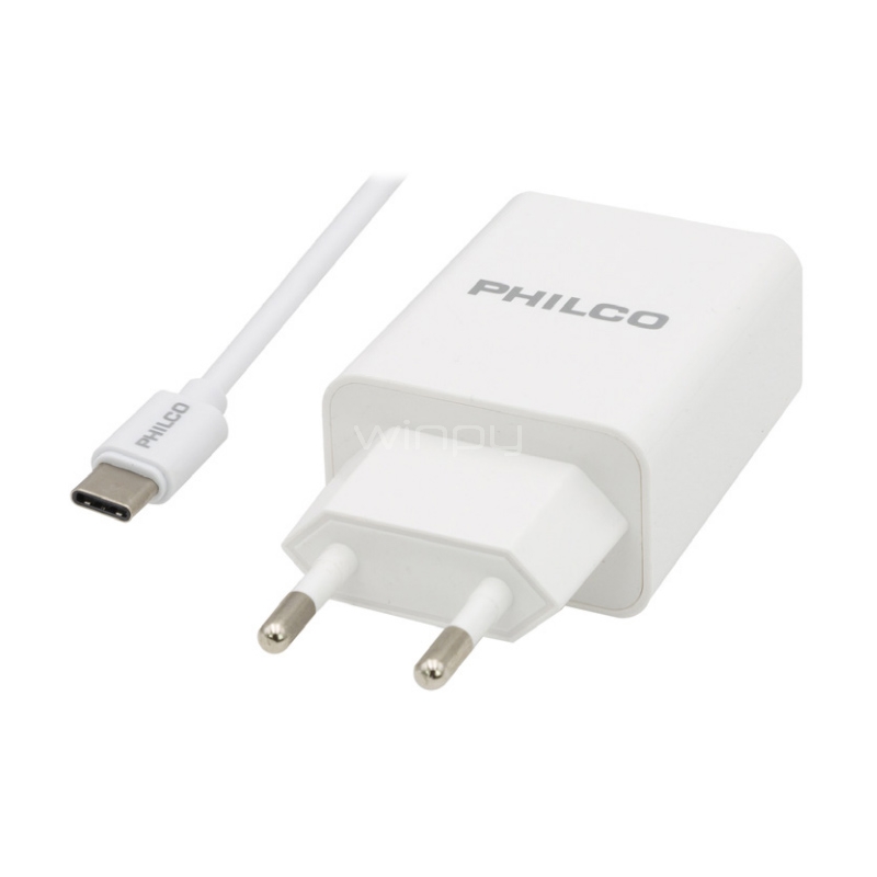 Cargador Philco QC619 con Cable USB-C (18W, 1.2mts, Qualcom 3.0, Blanco)