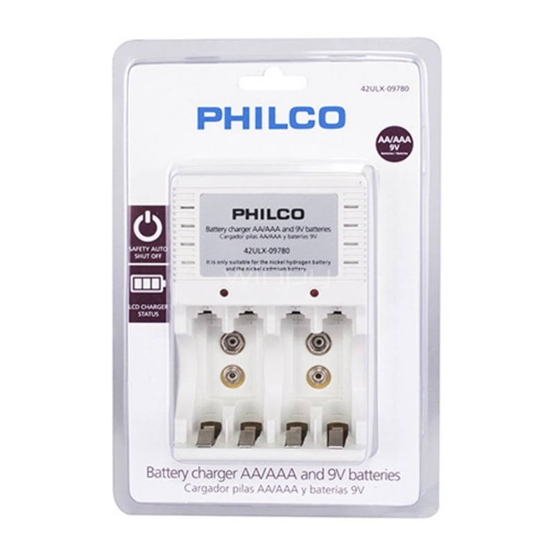 cargador philco para aa / aaa / 9v (hasta 4 pilas recargables, incluye pilas aa)