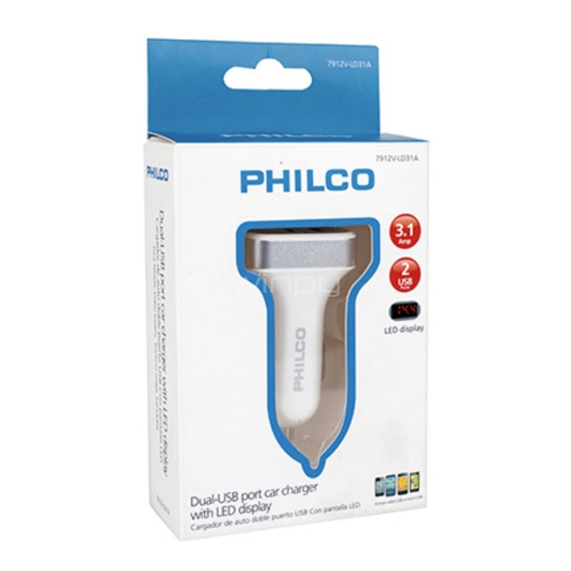 Cargador Philco para Auto con Pantalla (USB x2, Blanco)