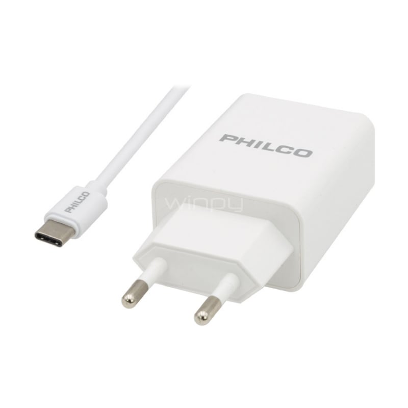 Cargador Philco con cable USB-C (Carga Rápida, USB x2, Blanco)