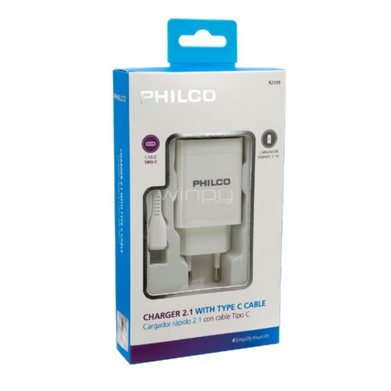 Cargador Philco con cable USB-C (Carga Rápida, USB x2, Blanco)