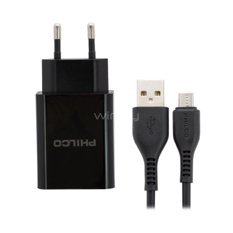 Cargador Philco con cable microUSB (Carga Rápida, USB x2, Negro)