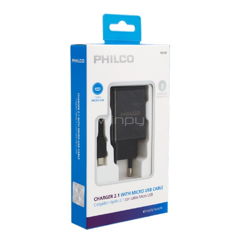 Cargador Philco con cable microUSB (Carga Rápida, USB x2, Negro)