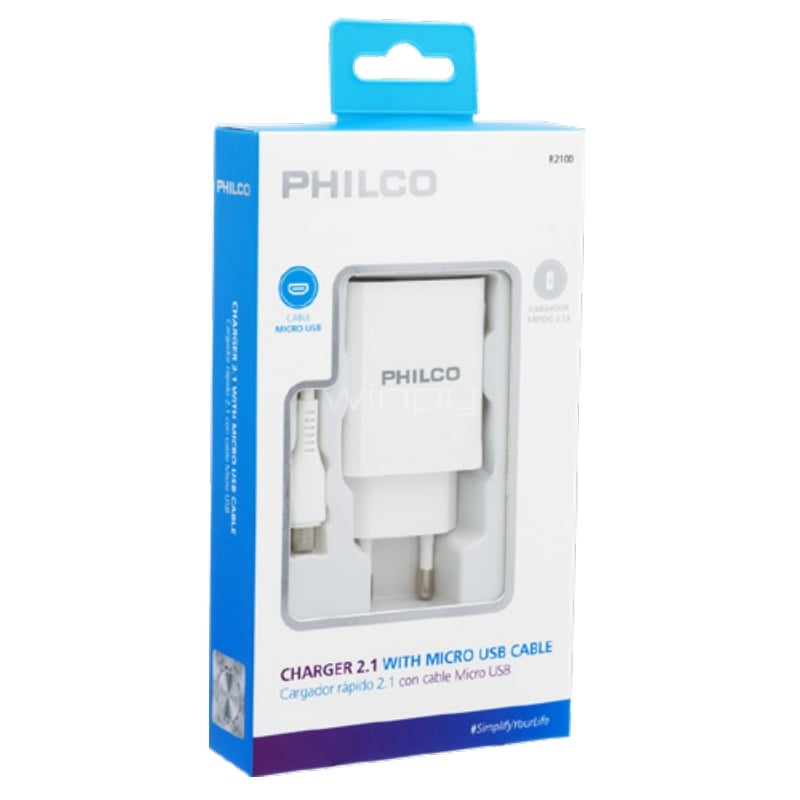 Cargador Philco con cable microUSB (Carga Rápida, USB x2, Blanco)