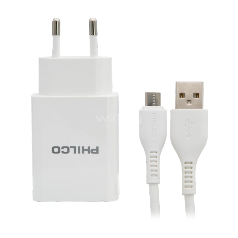 Cargador Philco con cable microUSB (Carga Rápida, USB x2, Blanco)