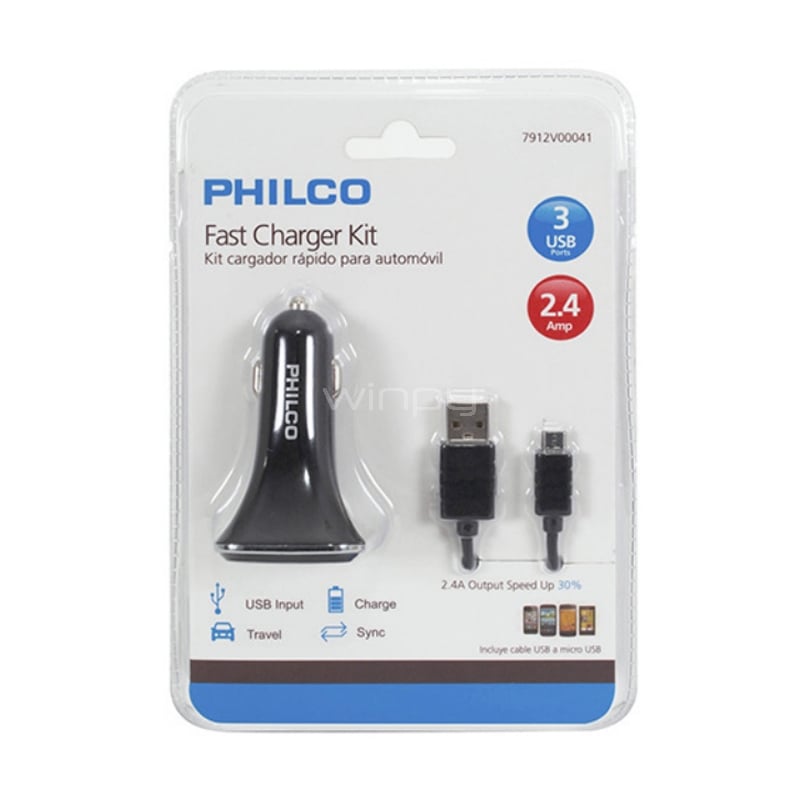 Kit Cargador Philco para Auto (Carga Rápida, USB x3, Negro)