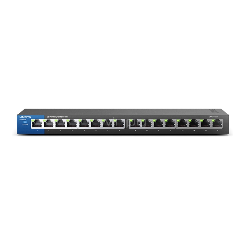 Switch Linksys LGS116 Gigabit de 16 puertos (1000 Mbps, AC 100/230 V, QoS)