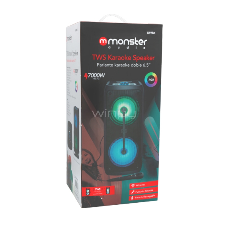 Parlante Monster Audio Karaoke 849BK (TWS, Bluetooth, LED Multicolor, Negro)