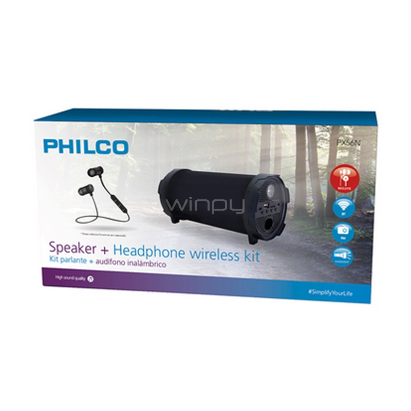 Kit Parlante + Auriculares Philco (Bluetooth, Radio FM, USB, PX56, Negro)