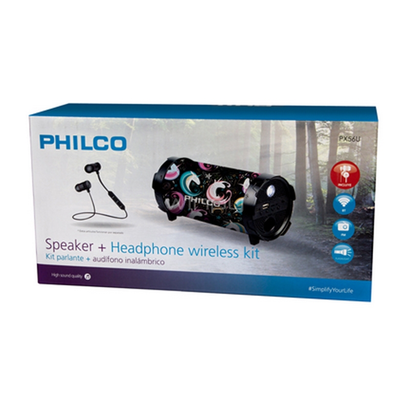 Kit Parlante + Auriculares Philco (Bluetooth, Radio FM, USB, PX56, Unicorn)